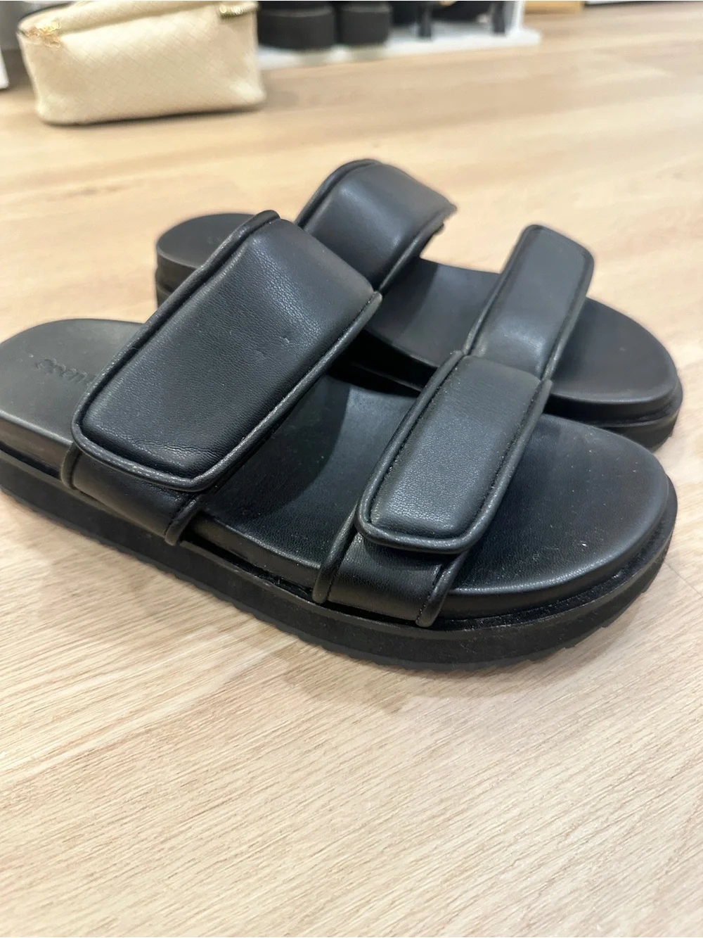 Open Edit Black Double-Strap Slide Sandals